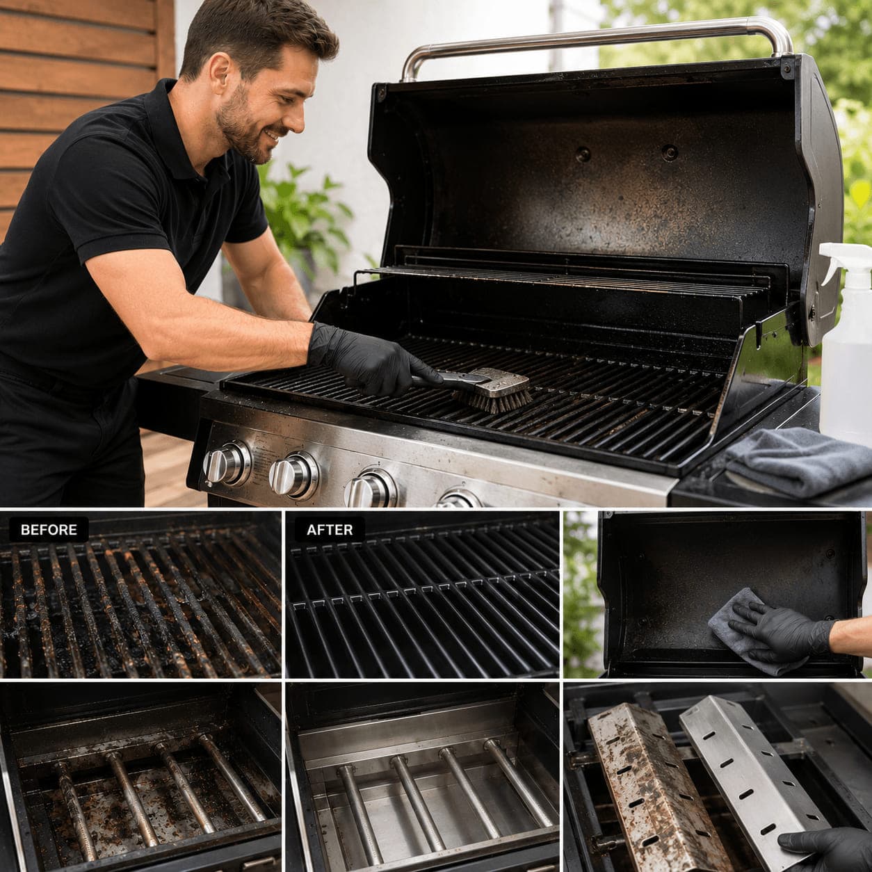 Liztty technician cleaning a gas BBQ grill, with before and after results of degreased grill plates and burner tubes