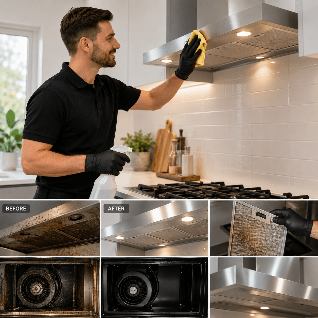 Liztty technician cleaning a rangehood, with before and after results of a degreased mesh filter and canopy